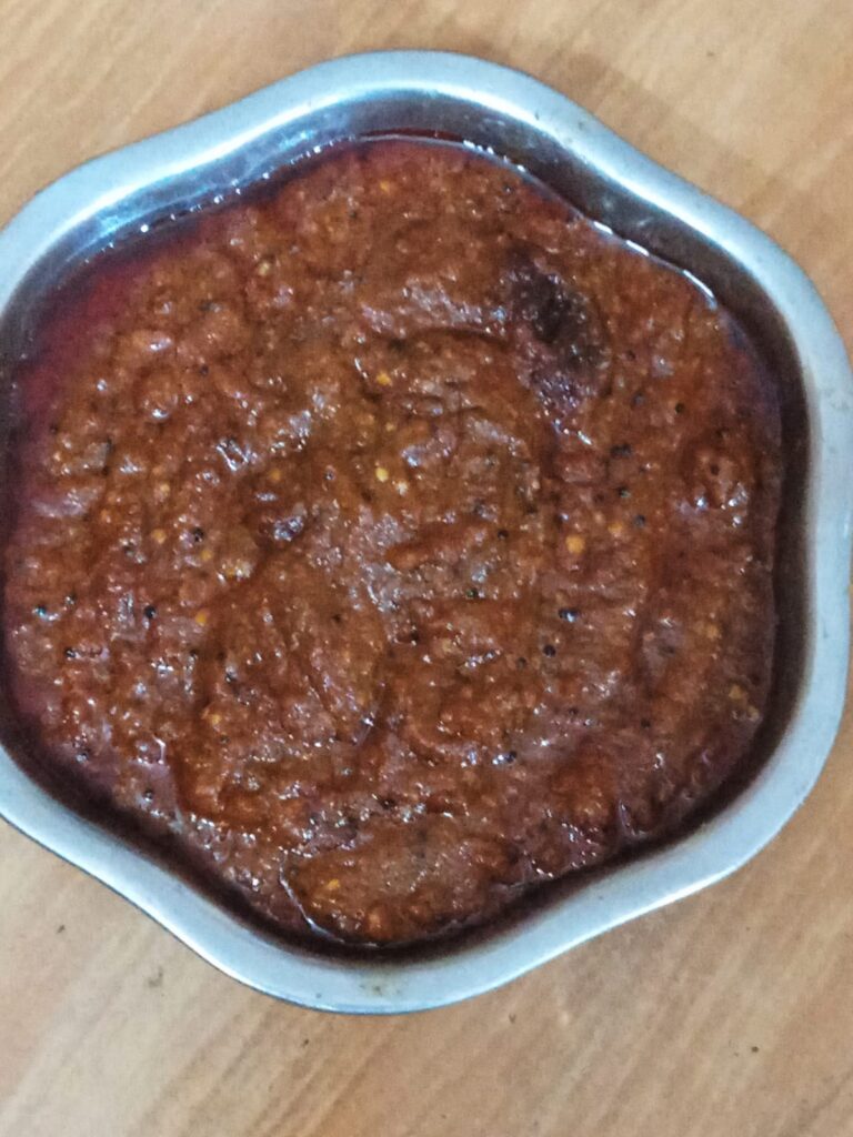 HomemadeTomato Thokku in Blue bowl - Saro's Pickle -80 Year - old recipe